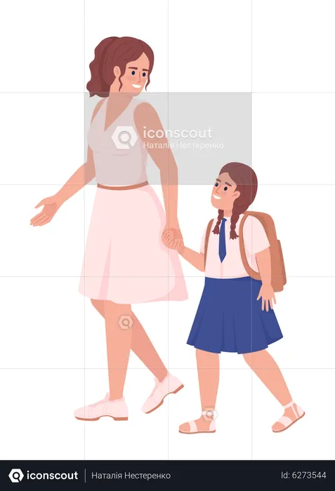 Mother with daughter in school uniform  Illustration