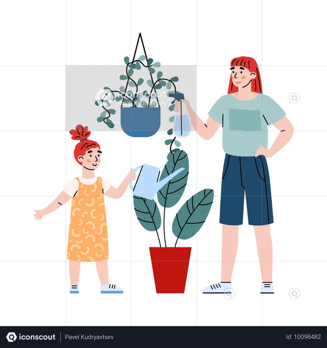 Mother with daughter watering houseplants  Illustration