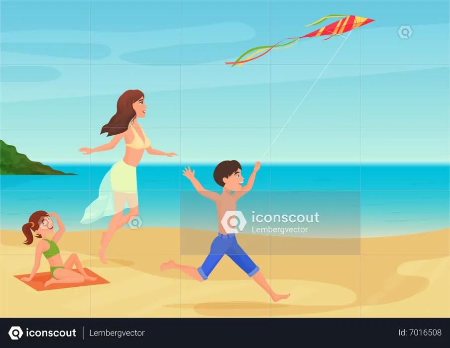 Mother with kids at beach  Illustration