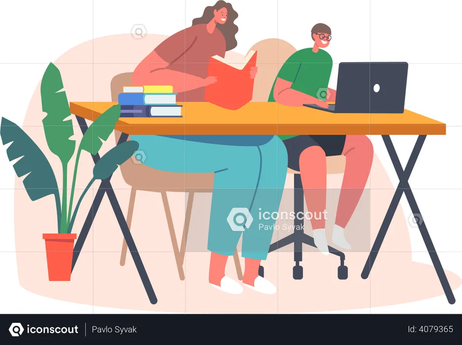 Mother with son sitting on desk and doing homework  Illustration