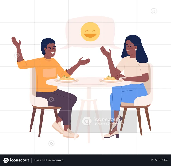 Mother with son talking and joking over meal  Illustration