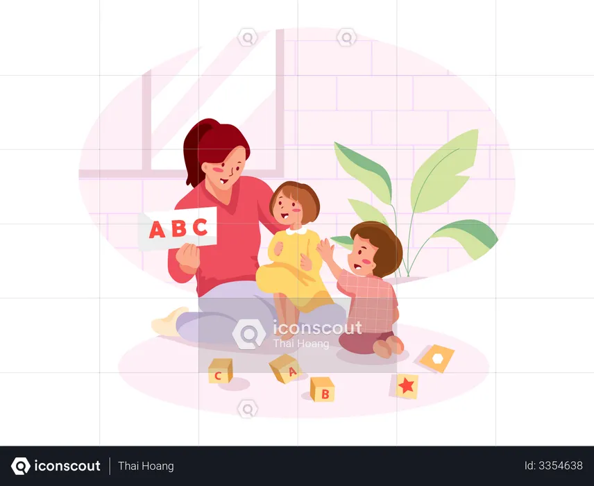 Mother with two kids learning alphabet with flashcards  Illustration