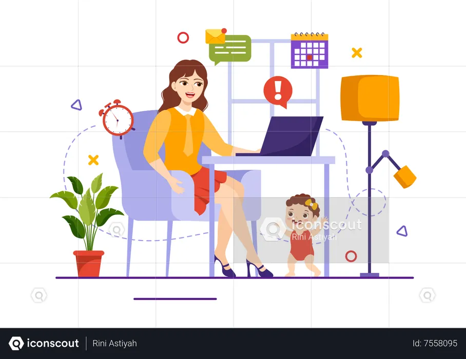 Mother Work From Home  Illustration