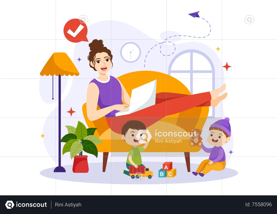 Mother Working From Home  Illustration