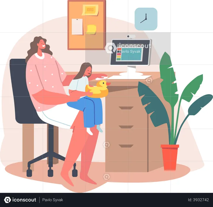 Mother working from home while taking care of baby  Illustration