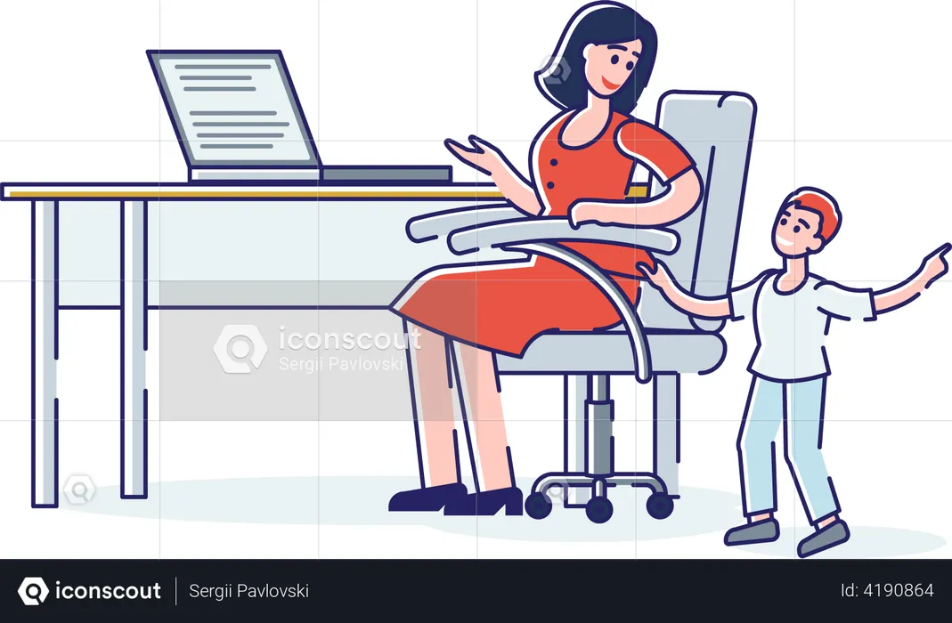Mother working from home with kids at home  Illustration