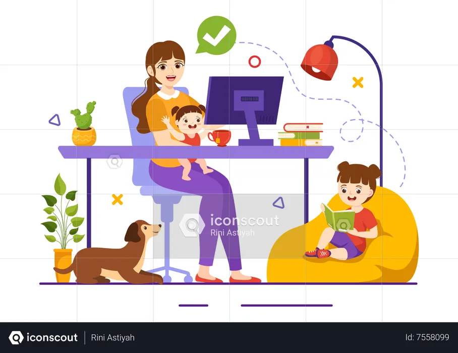 Mother working remotely  Illustration