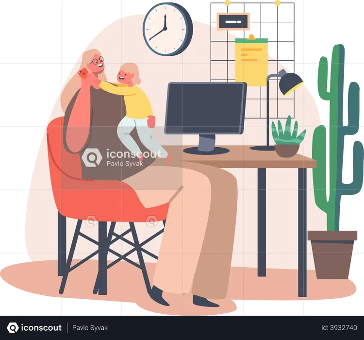 Mother working while taking care of child  Illustration