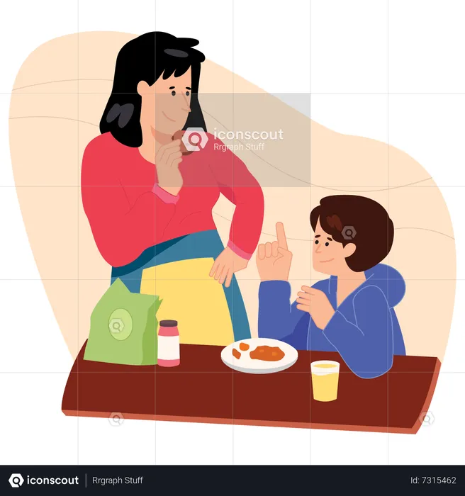 Mothers doing Breakfast with her Son  Illustration