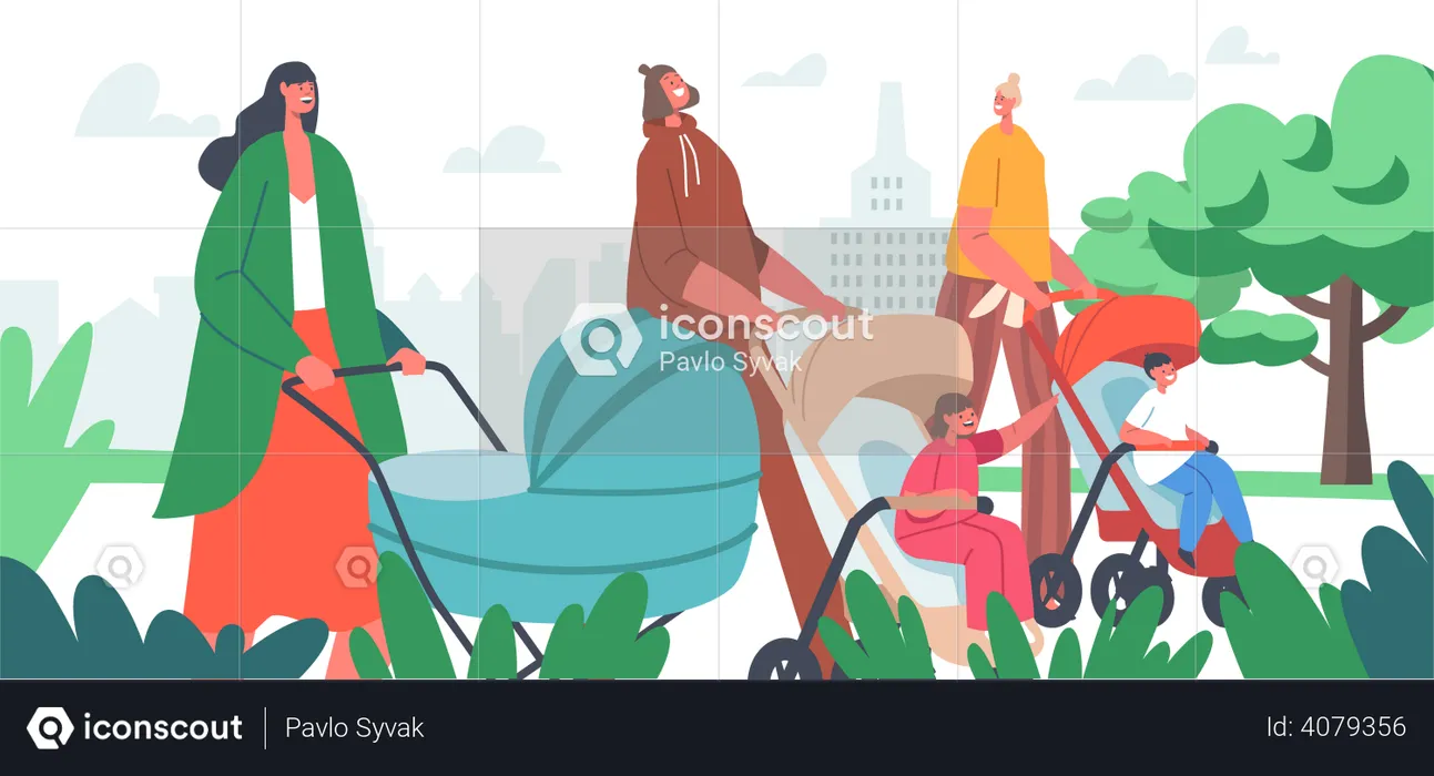 Mothers walking in park with kids in pushchair  Illustration