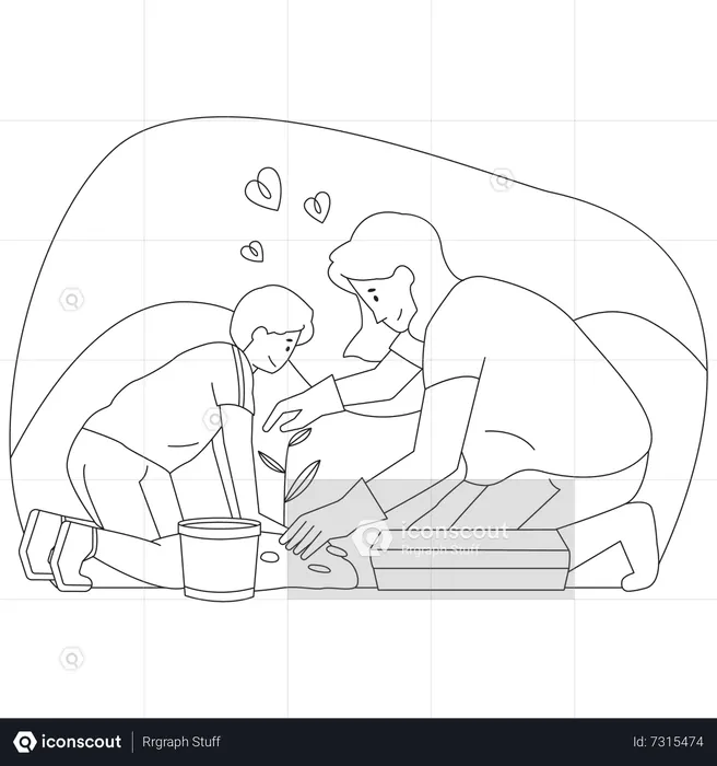 Mothers with her Son Gardening Together  Illustration