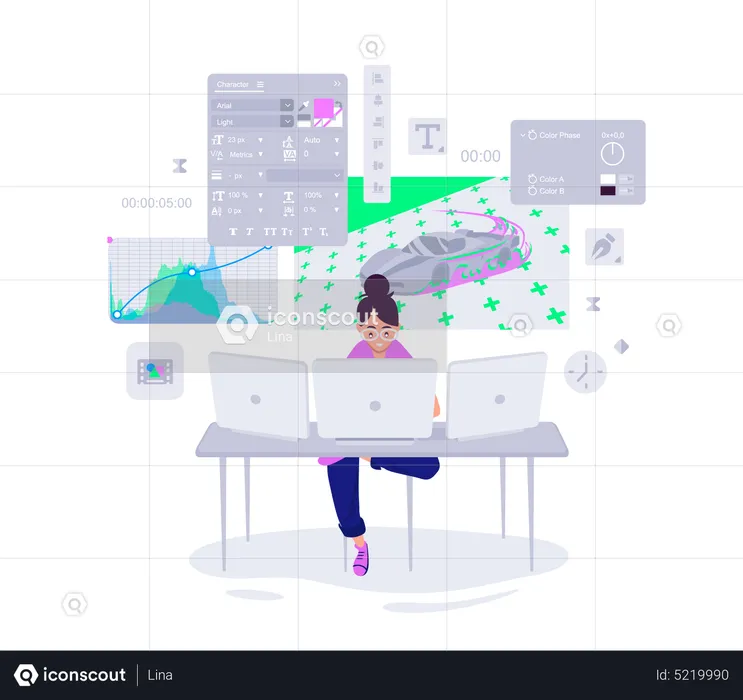 Motion designer creating video project on multiple monitors  Illustration