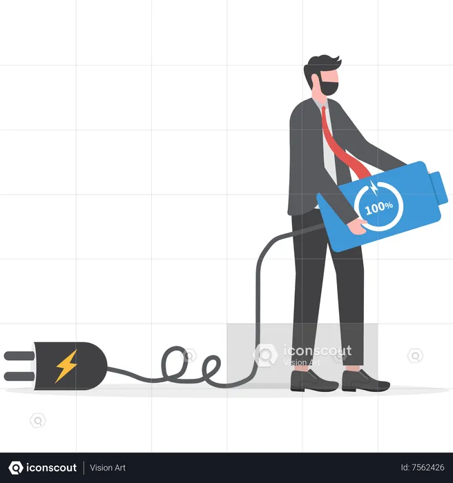 Motivated businessman carry fully charged battery ready to fight for success  Illustration