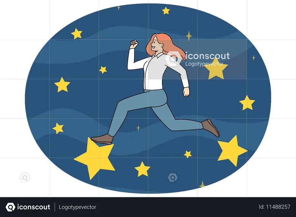 Motivierte Geschäftsfrau, die auf Sternen rennt, strebt nach neuen beruflichen Erfolgen  Illustration