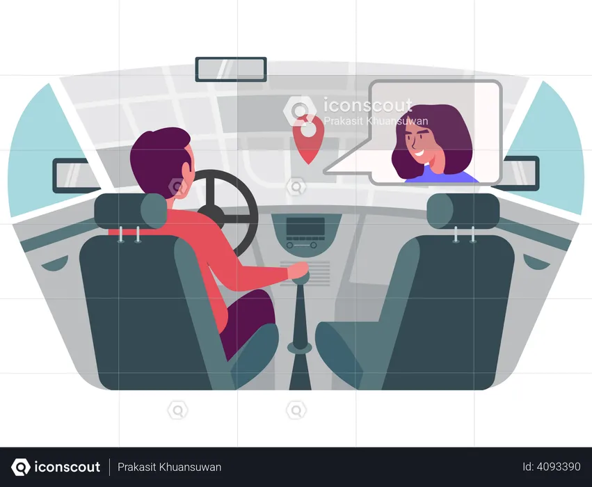 Motorista utilizando tecnologia HUD para navegar com GPS e conversar com a tripulação.  Ilustração