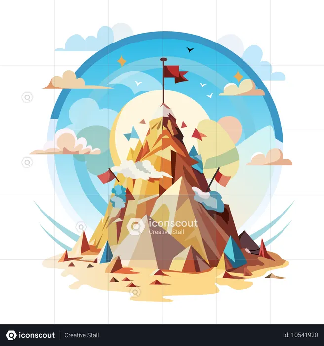 Mountain peak with a flag on top  Illustration