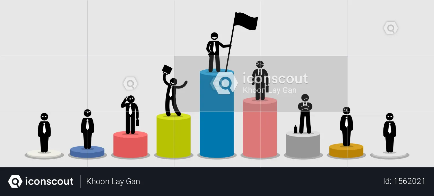 Muchos empresarios diferentes parados en gráficos de barras que comparan su situación financiera  Ilustración