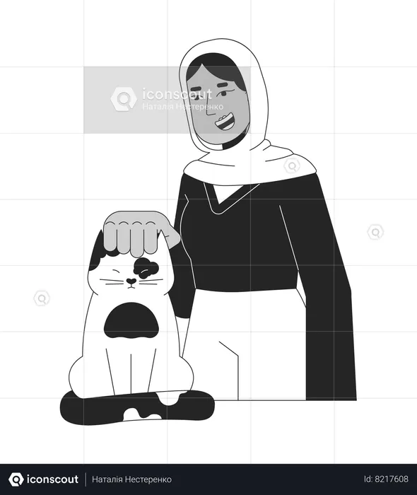 Mulher muçulmana hijab acariciando cabeça de gato  Ilustração