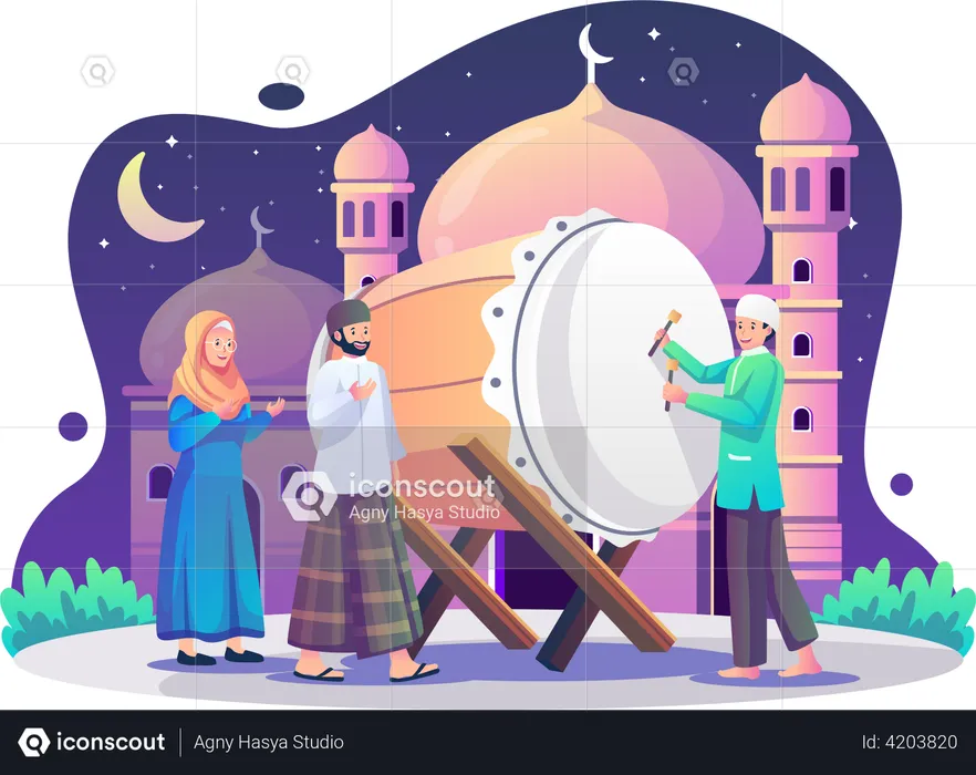 Muçulmanos celebram Ramadan Kareem com tambores  Ilustração