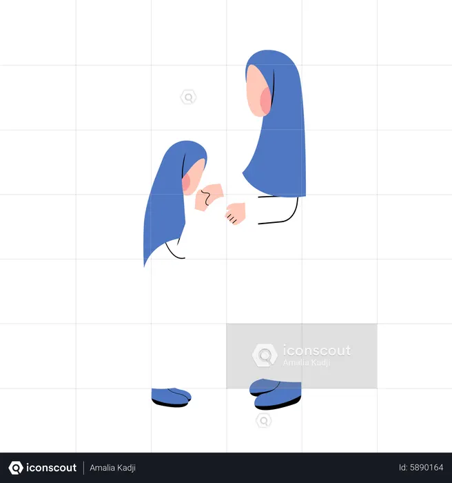 Mãe e filho muçulmanos se cumprimentam no dia do Eid  Ilustração