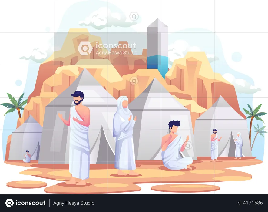 Muçulmanos descansando em tendas na peregrinação islâmica do hajj  Ilustração