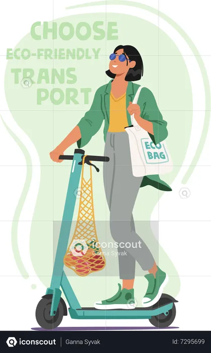 Mujer abraza la sostenibilidad con bolsa ecológica y transporte ecológico  Ilustración