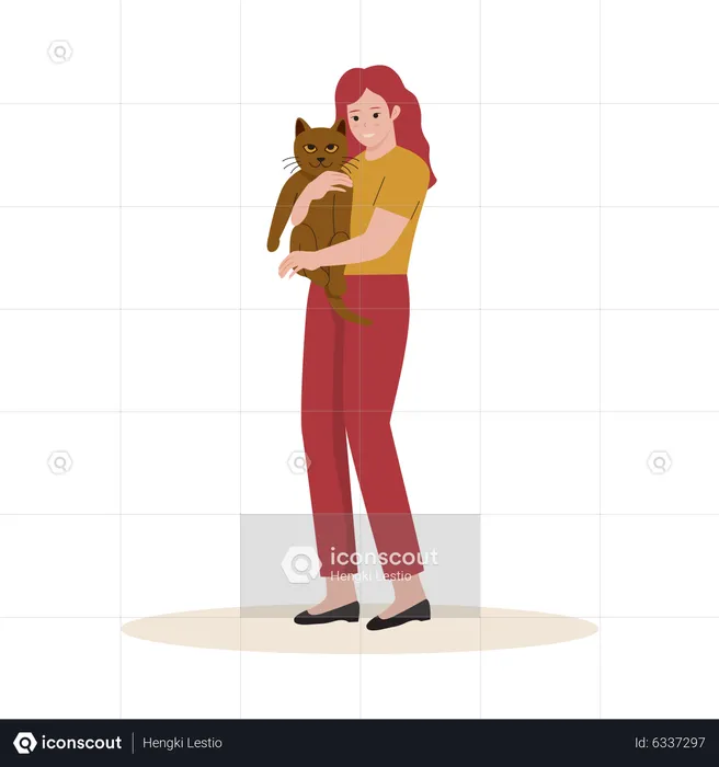 Mujer abrazando a su gato  Ilustración