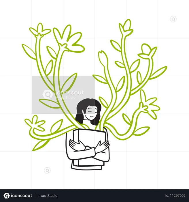 Mujer abrazando un libro con plantas a su alrededor  Ilustración