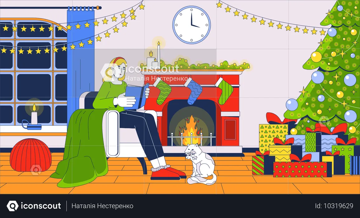 Mujer acogedora leyendo un libro en la chimenea de Navidad  Ilustración