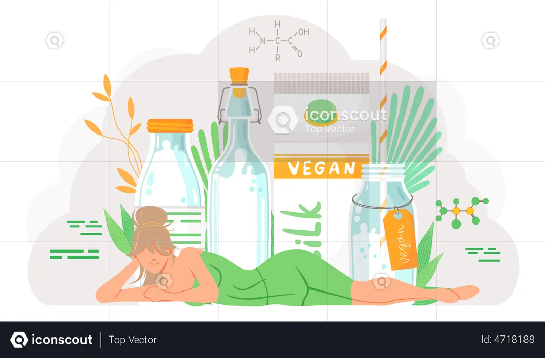 Mujer acostada cerca de botellas con bebida vegana  Ilustración