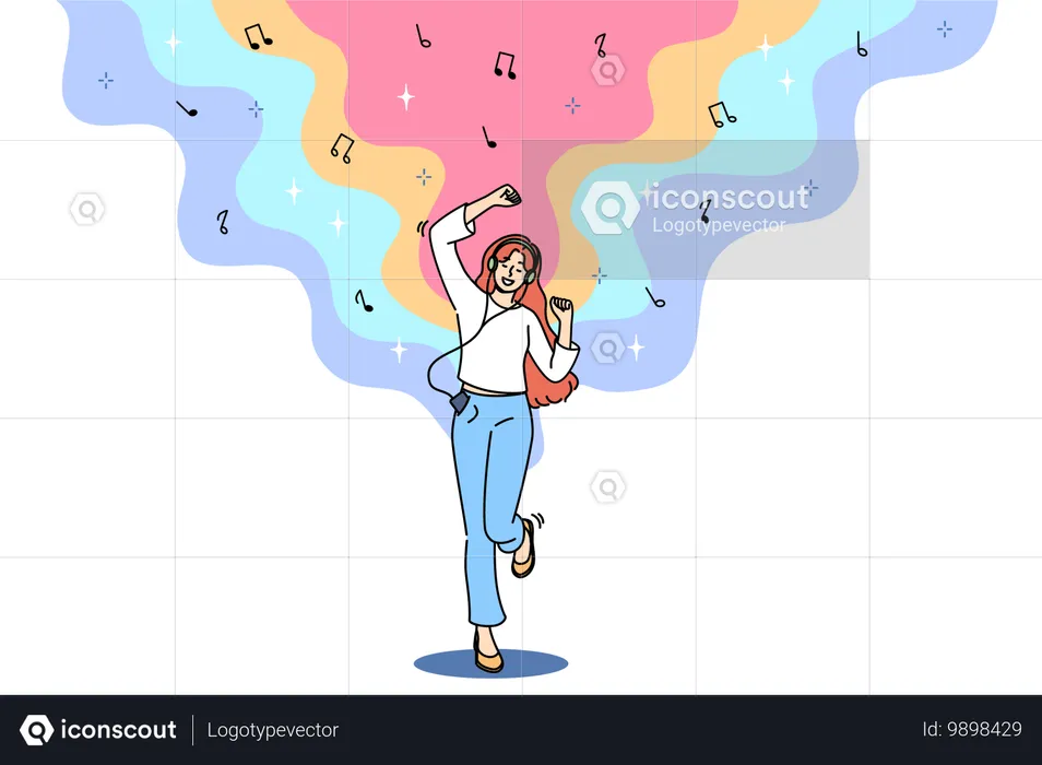 Una adolescente escucha música con auriculares y baila rítmicamente con las manos y usa el teléfono  Ilustración