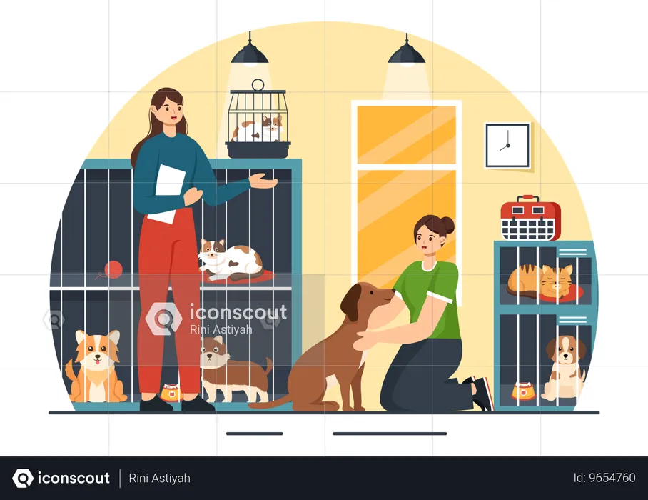 Mujer adopta perro de agencia de adopción  Ilustración
