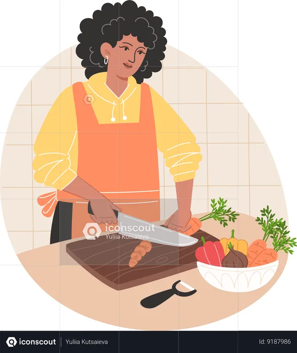 Mujer afroamericana cortando verduras y preparando comida  Ilustración