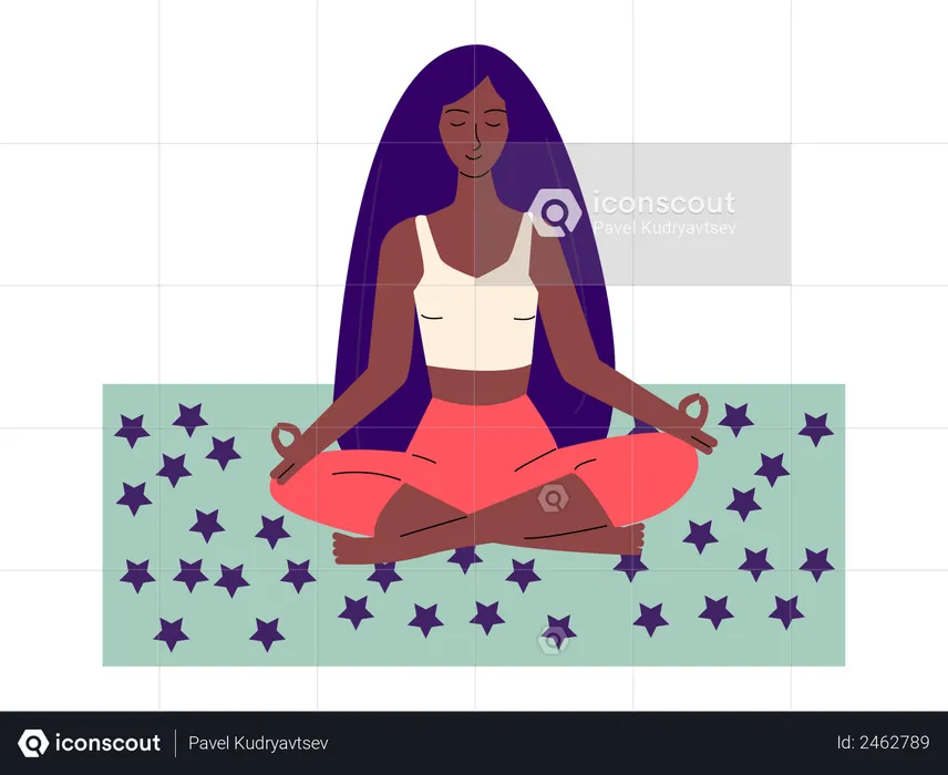 Mujer afroamericana meditando en asanas de loto de yoga  Ilustración