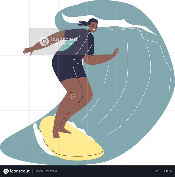 Mujer afroamericana surfeando  Ilustración