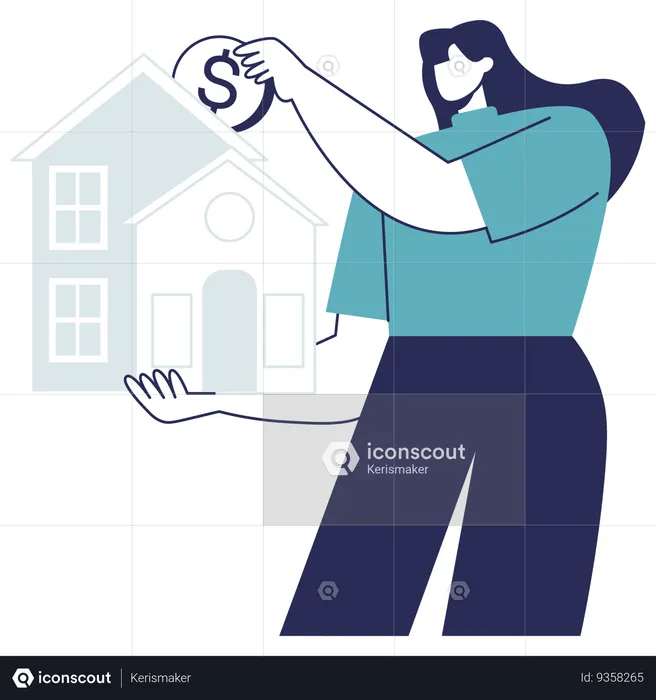 Mujer ahorra dinero para comprar casa nueva  Ilustración