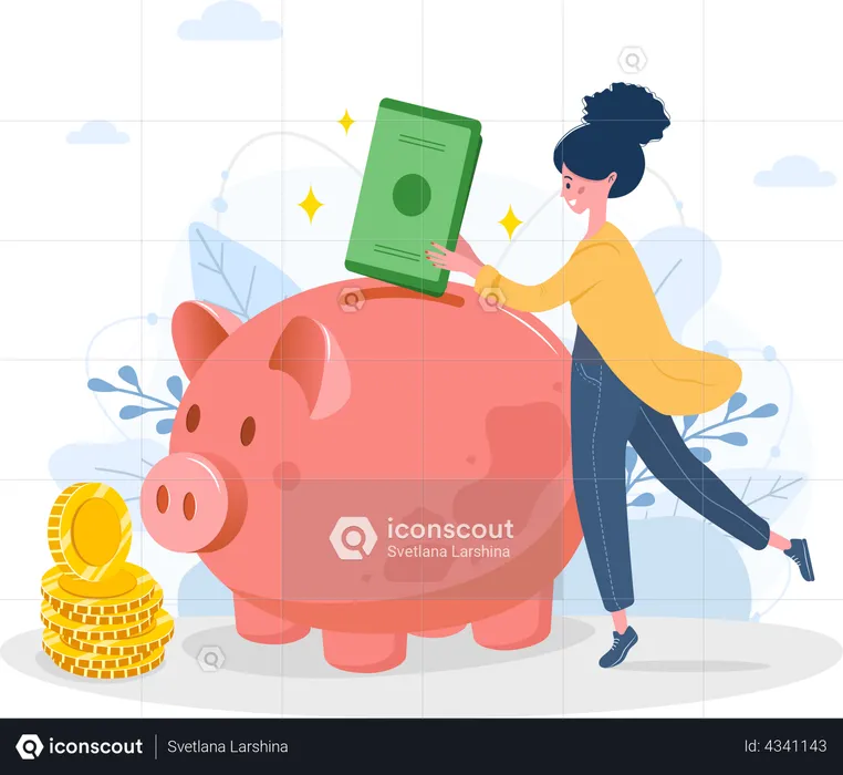 Mujer ahorrando dinero  Ilustración
