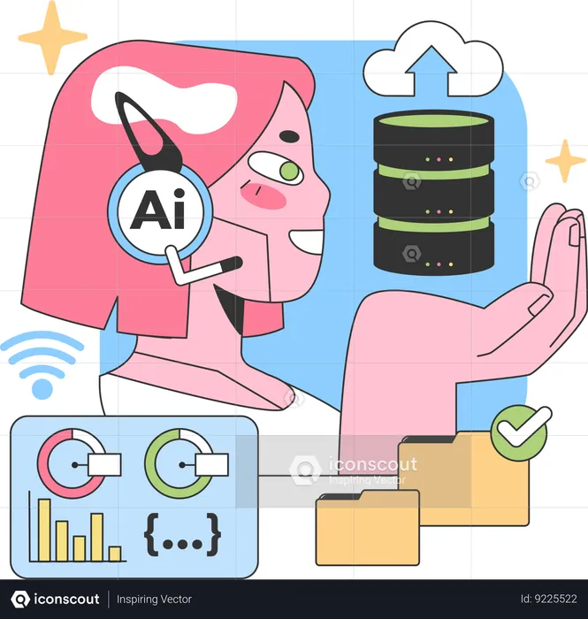 Chatbot femenino de IA trabajando en una base de datos en la nube  Ilustración