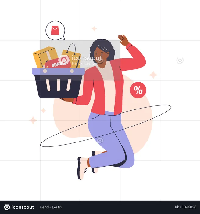 Mujer alegre con cesta de compras  Ilustración