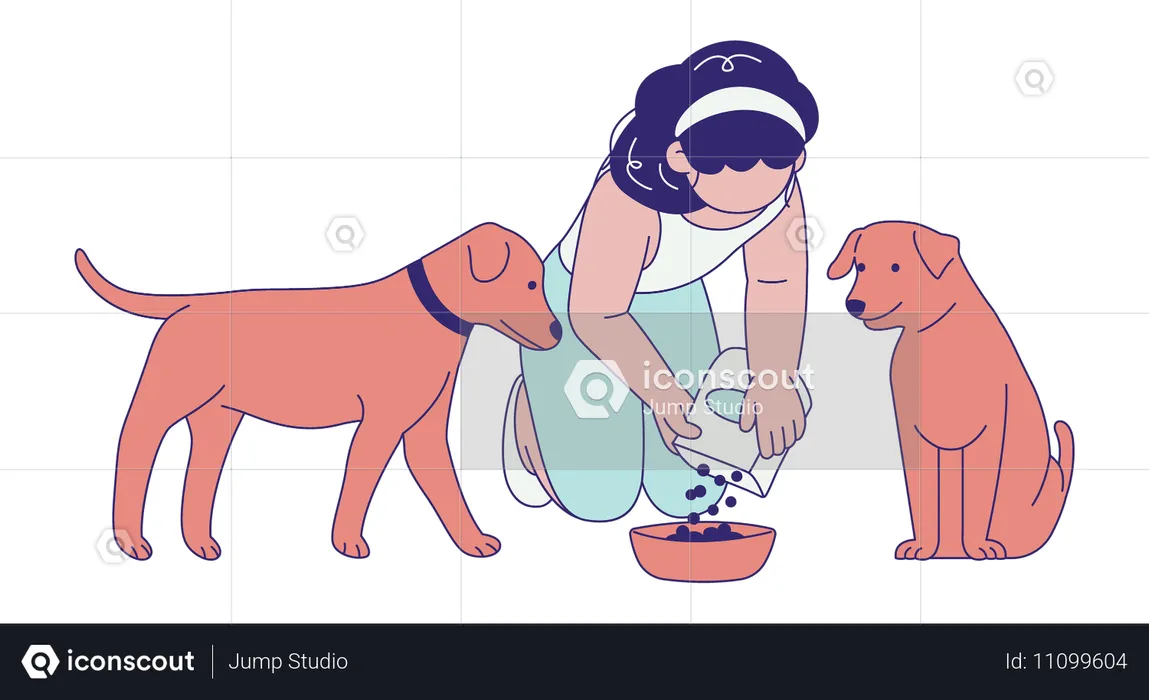 Mujer alimentando perros  Ilustración