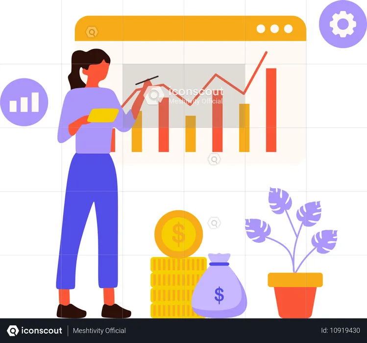 Mujer analizando la capitalización del mercado  Ilustración