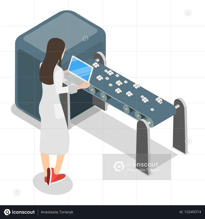 Mujer analizando paquetes de algodón en una cinta transportadora  Ilustración