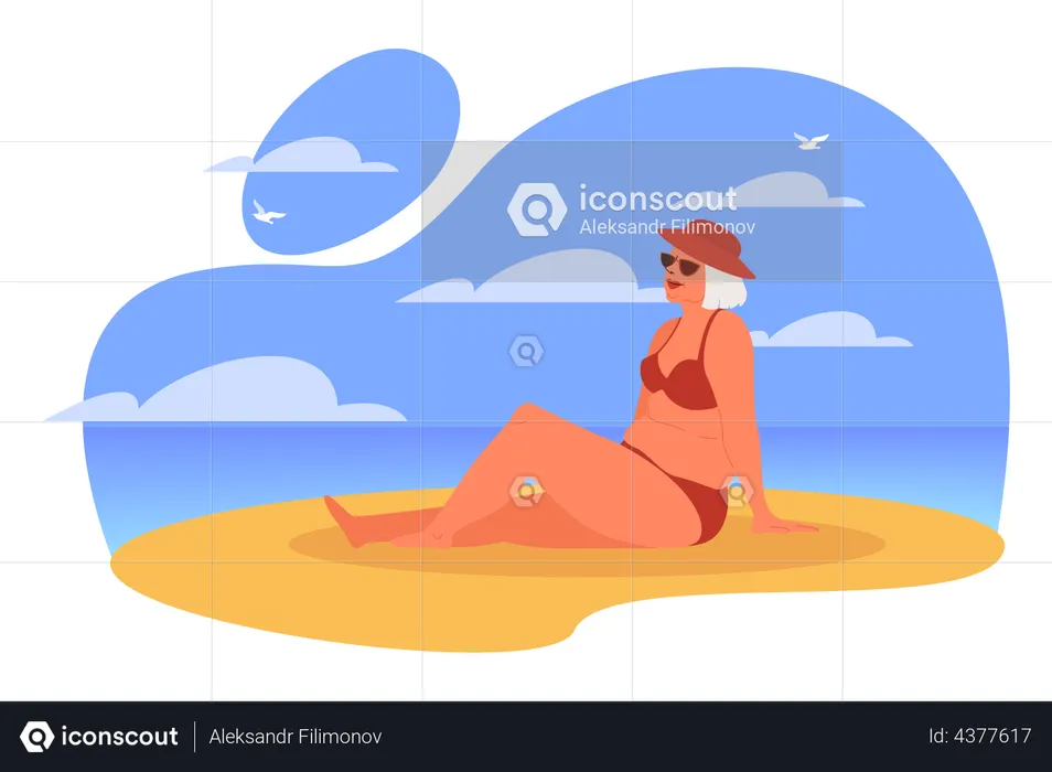 Mujer anciana relajándose en la playa  Ilustración