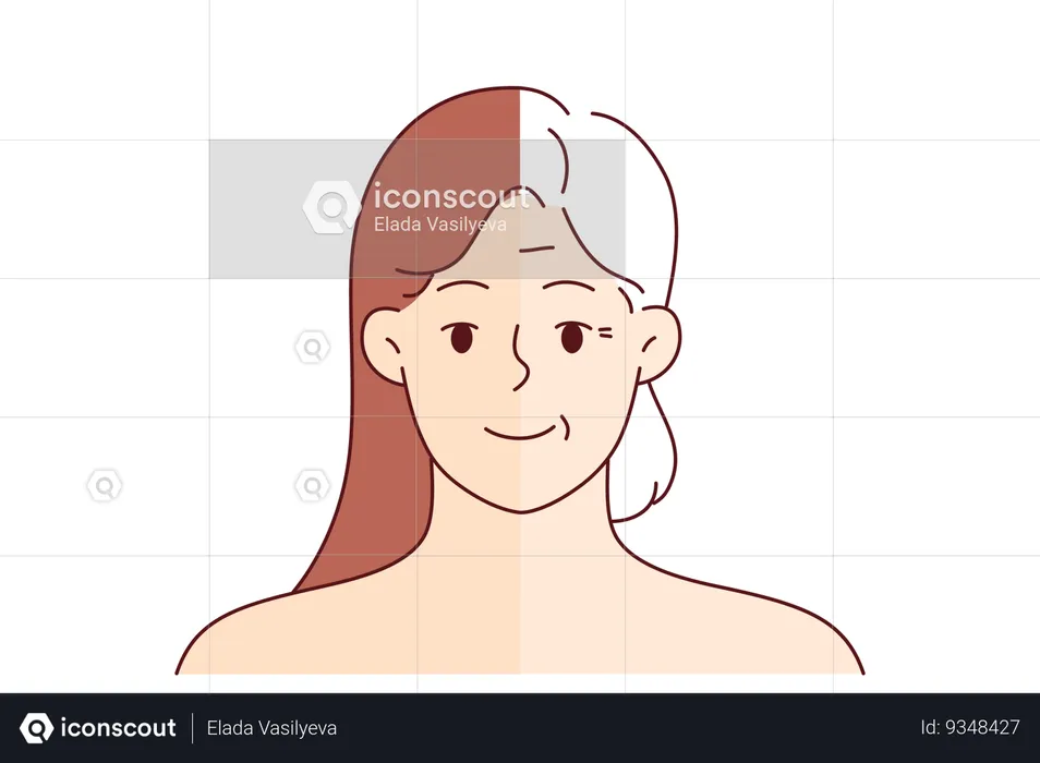 Mujer antes y después de un procedimiento cosmético antienvejecimiento y coloración del cabello en un salón de belleza  Ilustración