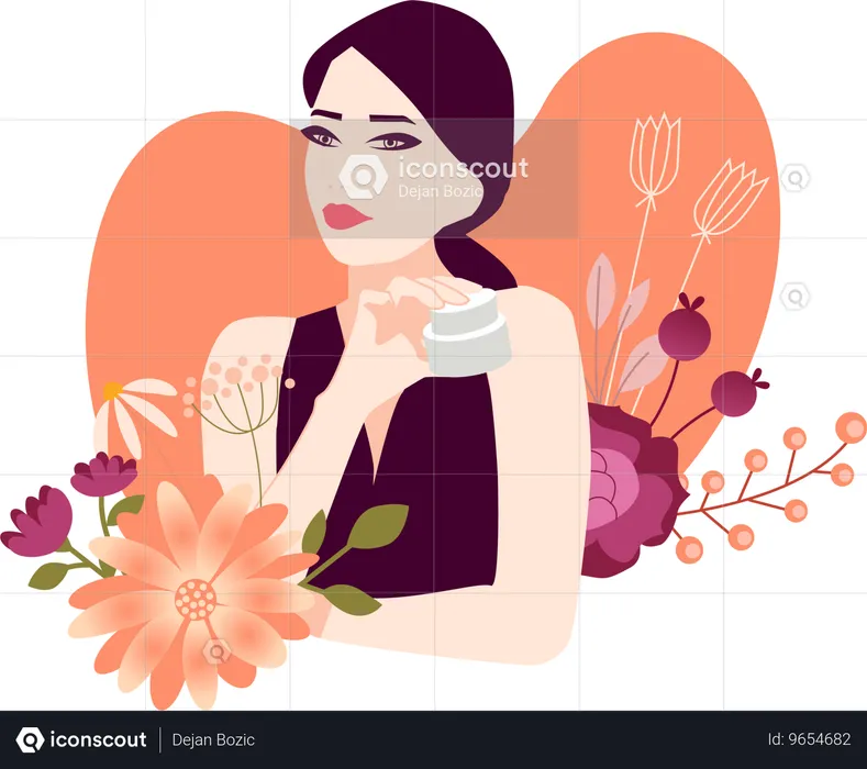 Mujer aplicando crema facial  Ilustración