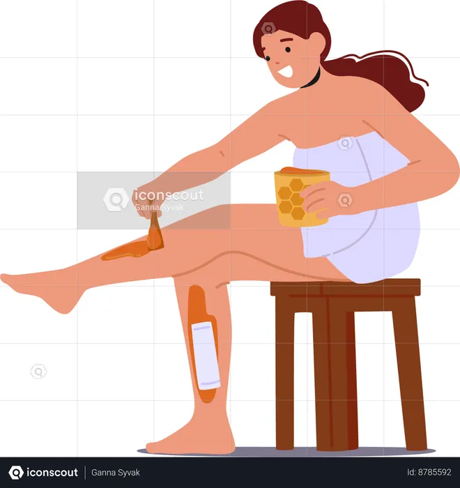 Mujer aplicando pasta de azúcar tibia en las piernas  Ilustración