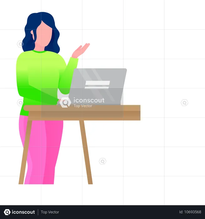 Mujer aprendiendo en línea investigando información en una computadora portátil  Ilustración