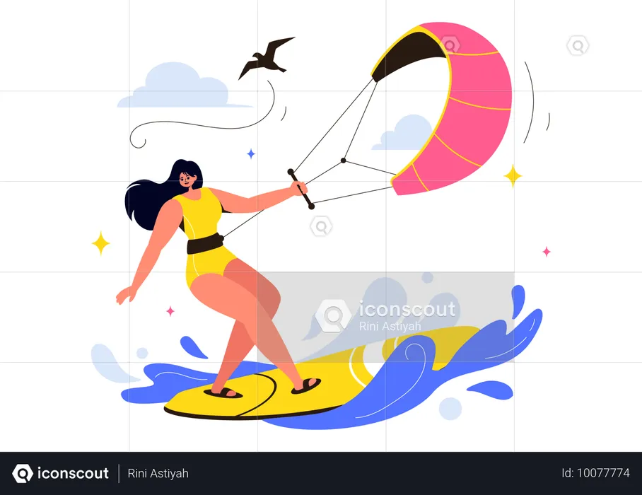 Mujer aprendiendo kitesurf  Ilustración