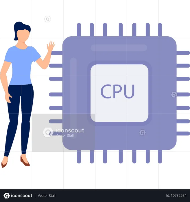 Mujer señalando el procesador de la CPU  Ilustración