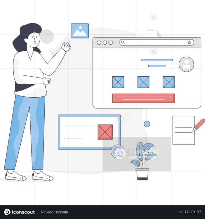 La mujer está señalando el diseño web.  Ilustración
